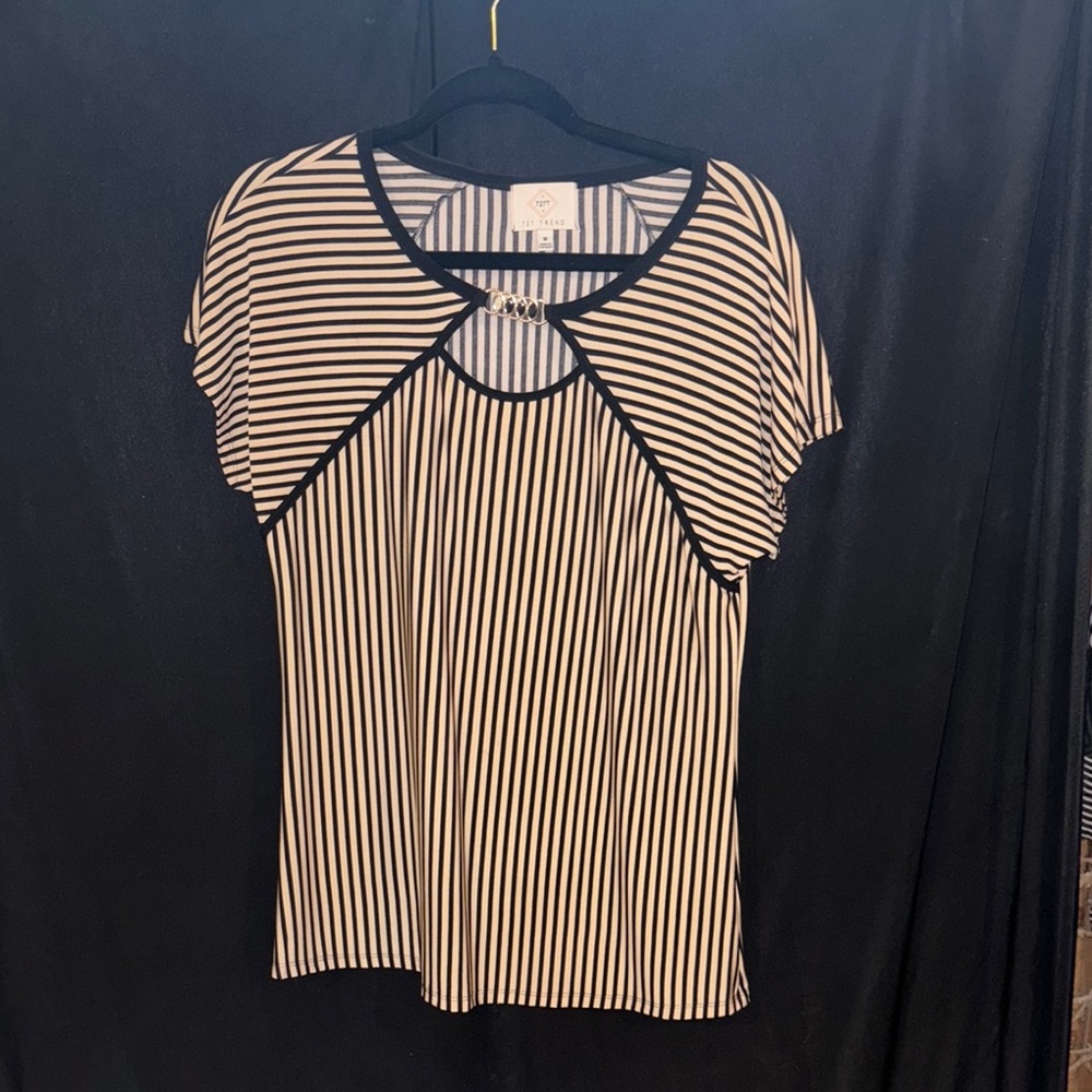 Black and Cream Asymmetrical Short Sleeve Blouse